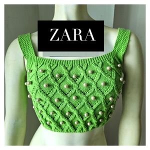 Zara Crochet Top Small Pearl Knit Cropped Line Green Blouse Shirt 100% Cotton